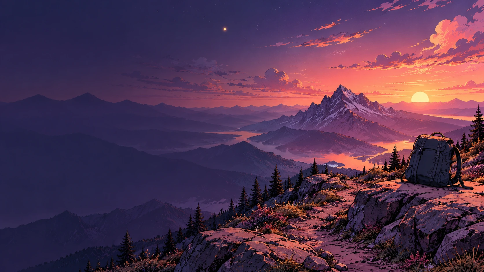 An imagined mountain landscape at dusk